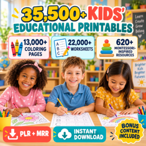 35,500+ Kids Worksheets & Coloring Pages Bundle | Educational Printables With PLR & MRR Resell Rights