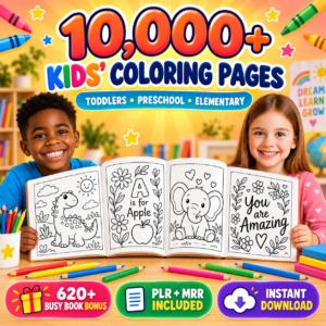 10,000+ Kids’ Coloring Pages Bundle | Printable Activity Sheets With PLR & MRR + Bonus Content